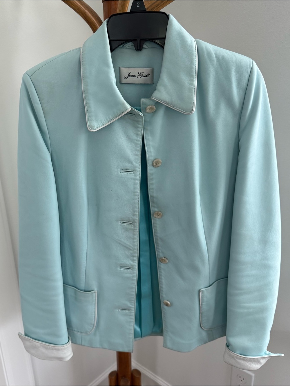 Light Blue with white trim Leather Jacket